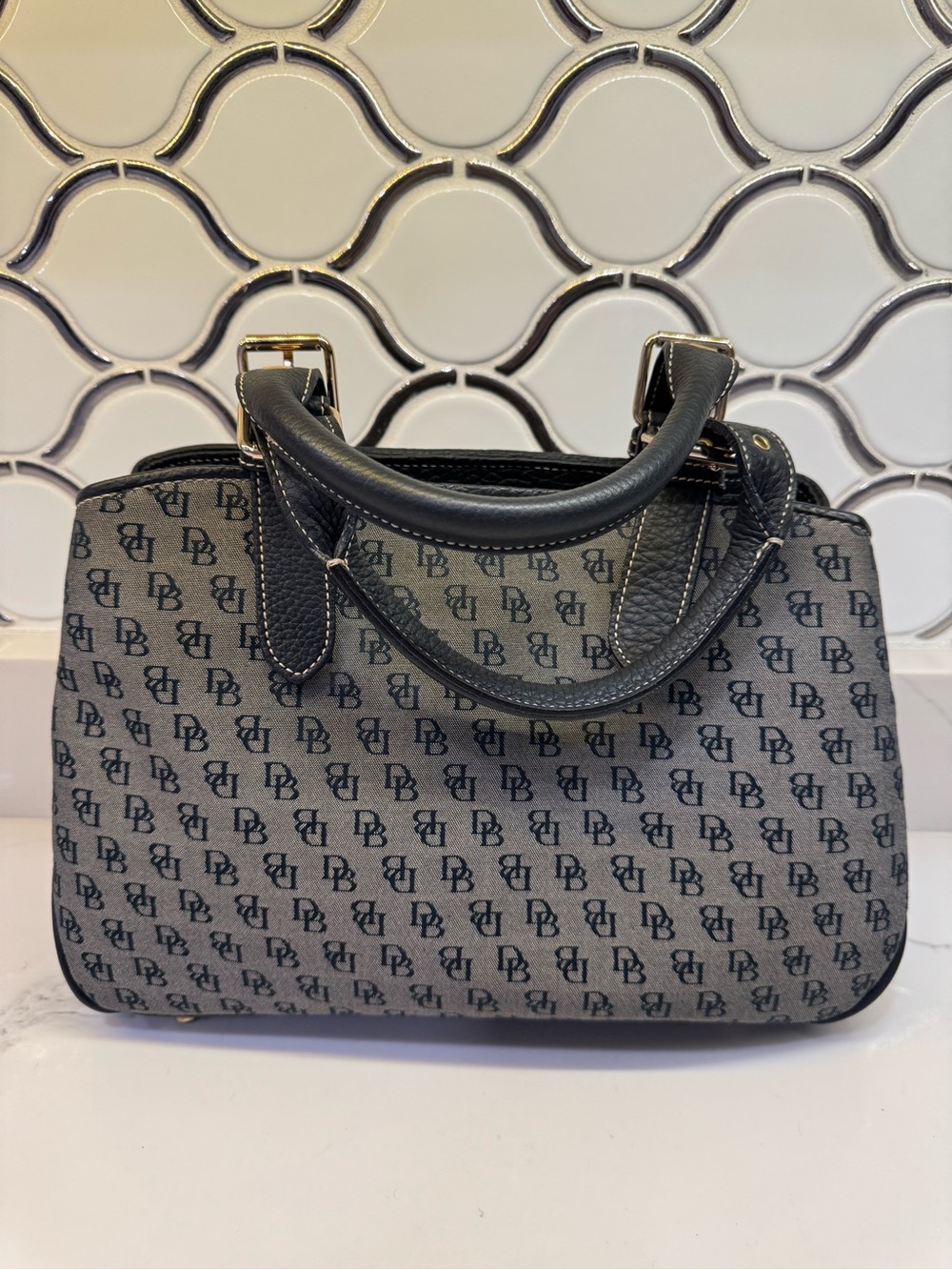 Dooney & Bourke Gray and Navy DB Logo Satchel